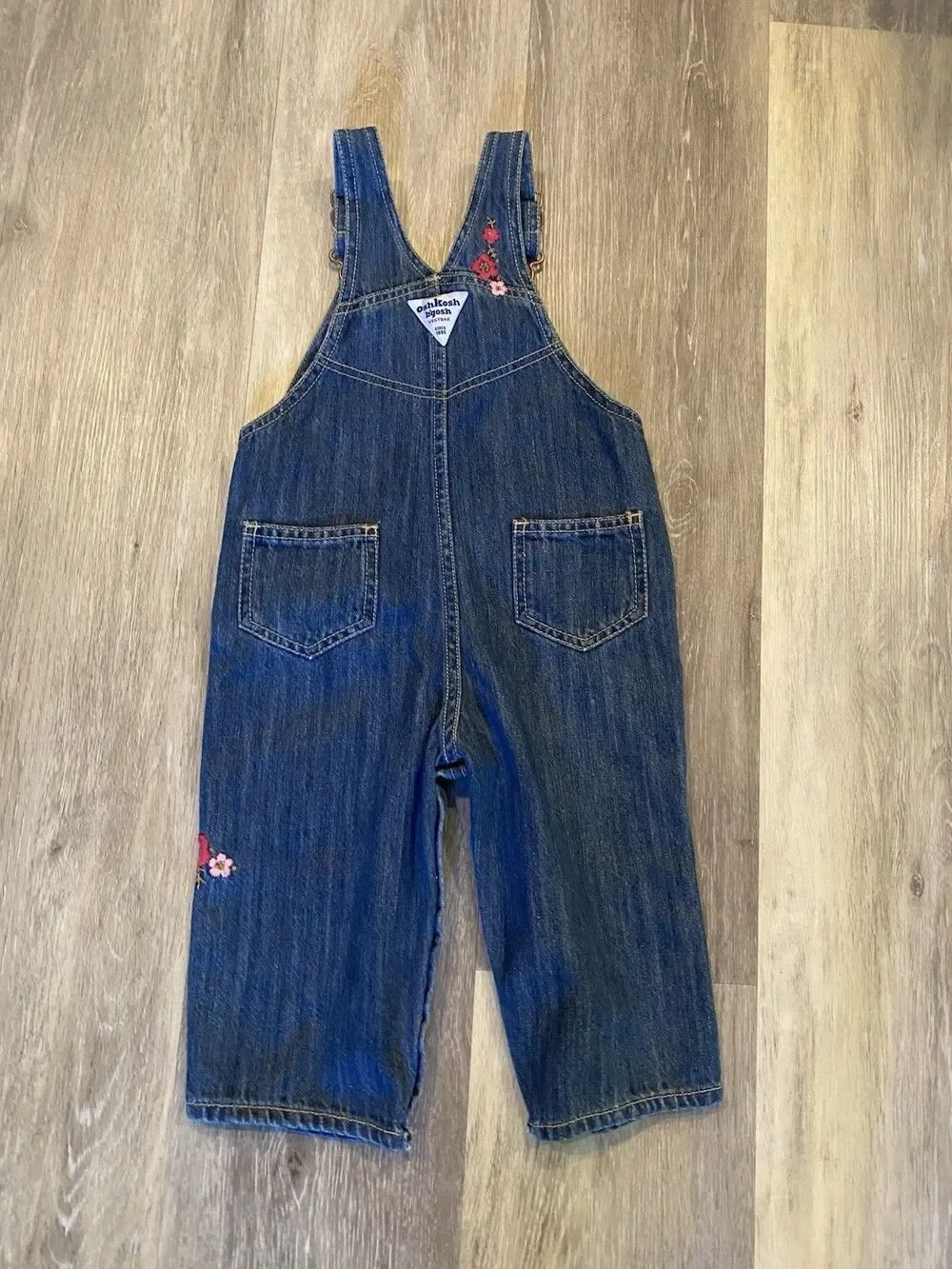 OshKosh B’gosh Toddler Girls Denim Overalls Blue Jean Floral Embroidered 18 Mo
